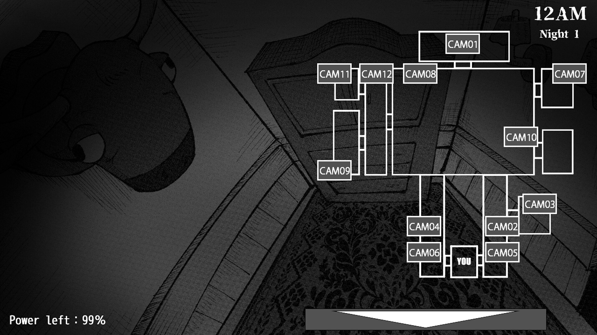 A dark hallway in the mansion seen through a security camera