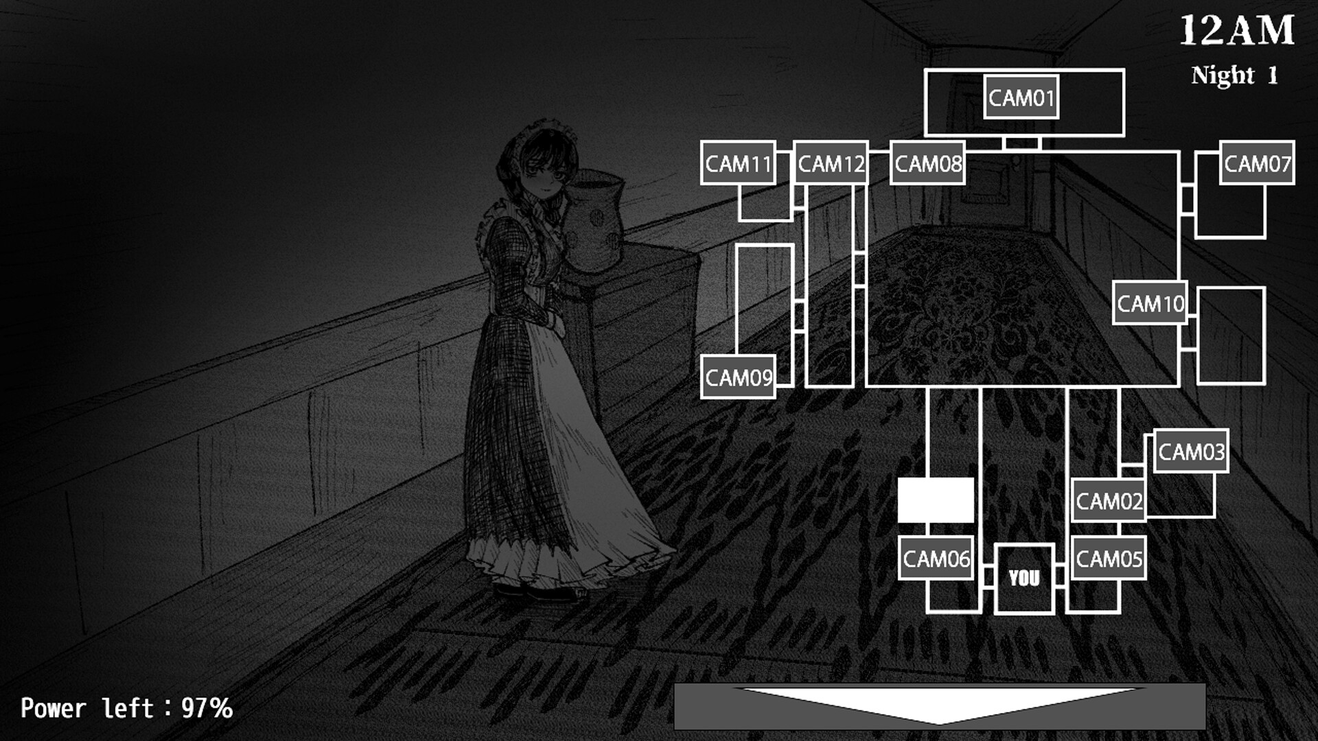 A maid standing in a long hallway in the monochrome mansion