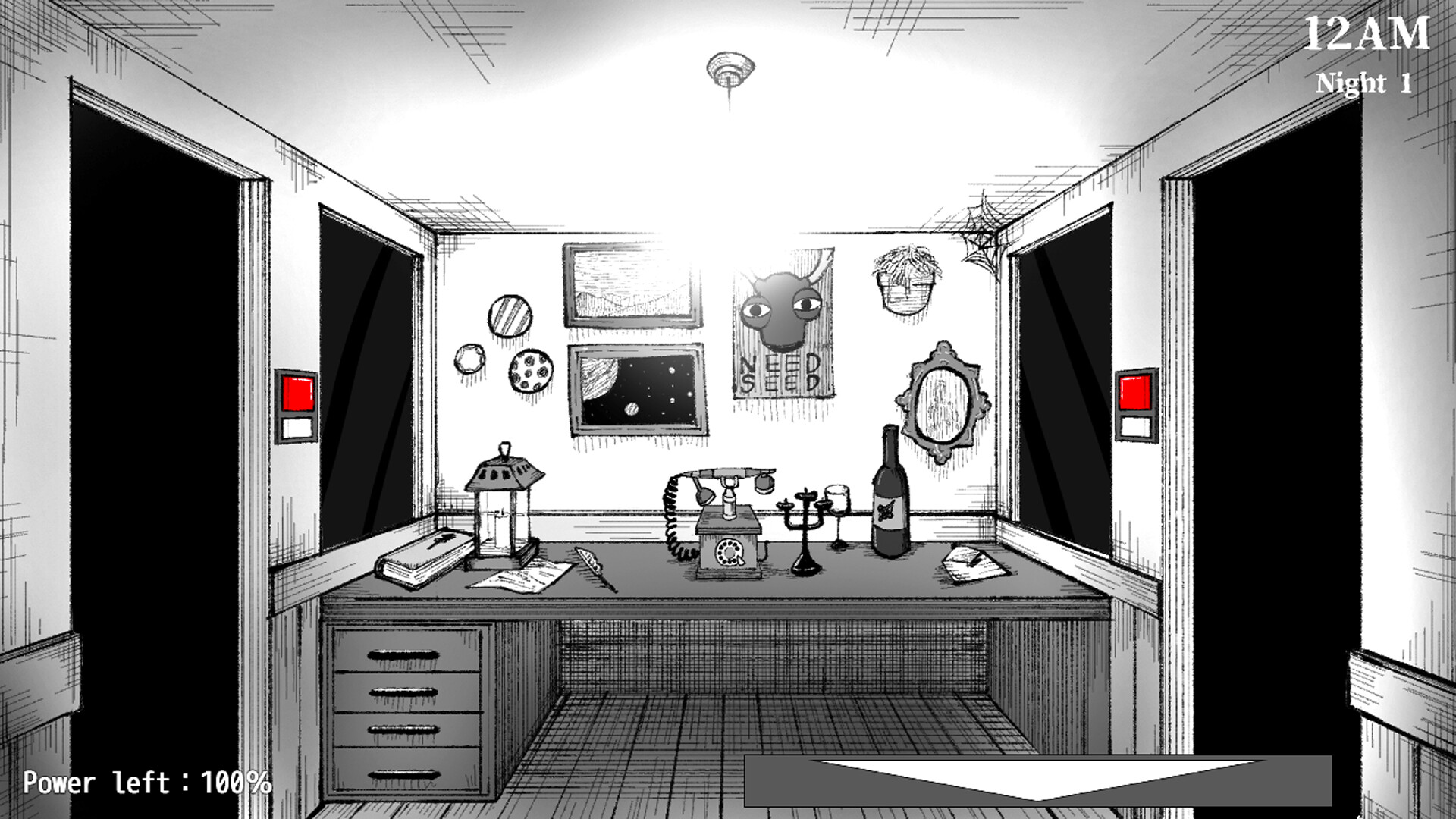 The security office in Five Nights with Maids, with a power meter, desk and two dark doorways